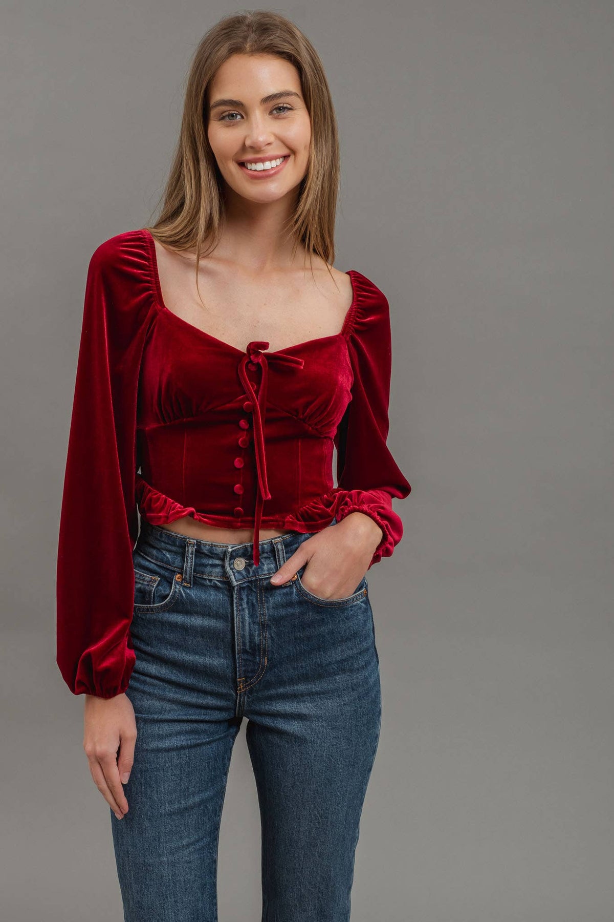 Blu Pepper - VELVET FRONT TIE BUTTON DOWN LONG SLEEVE CROP TOP: BLACK