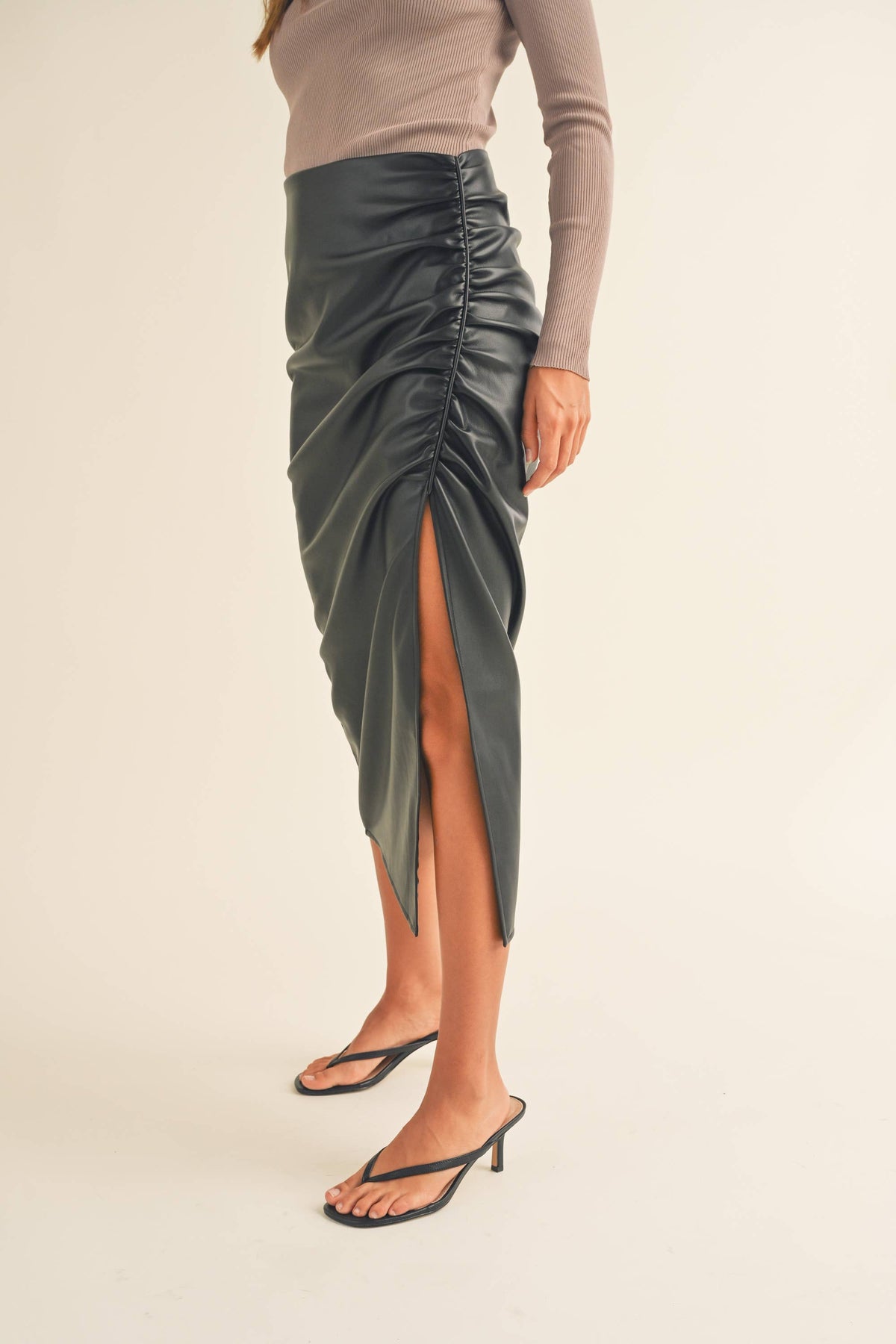 Side Ruched with Slit Front Faux Leather Skirt