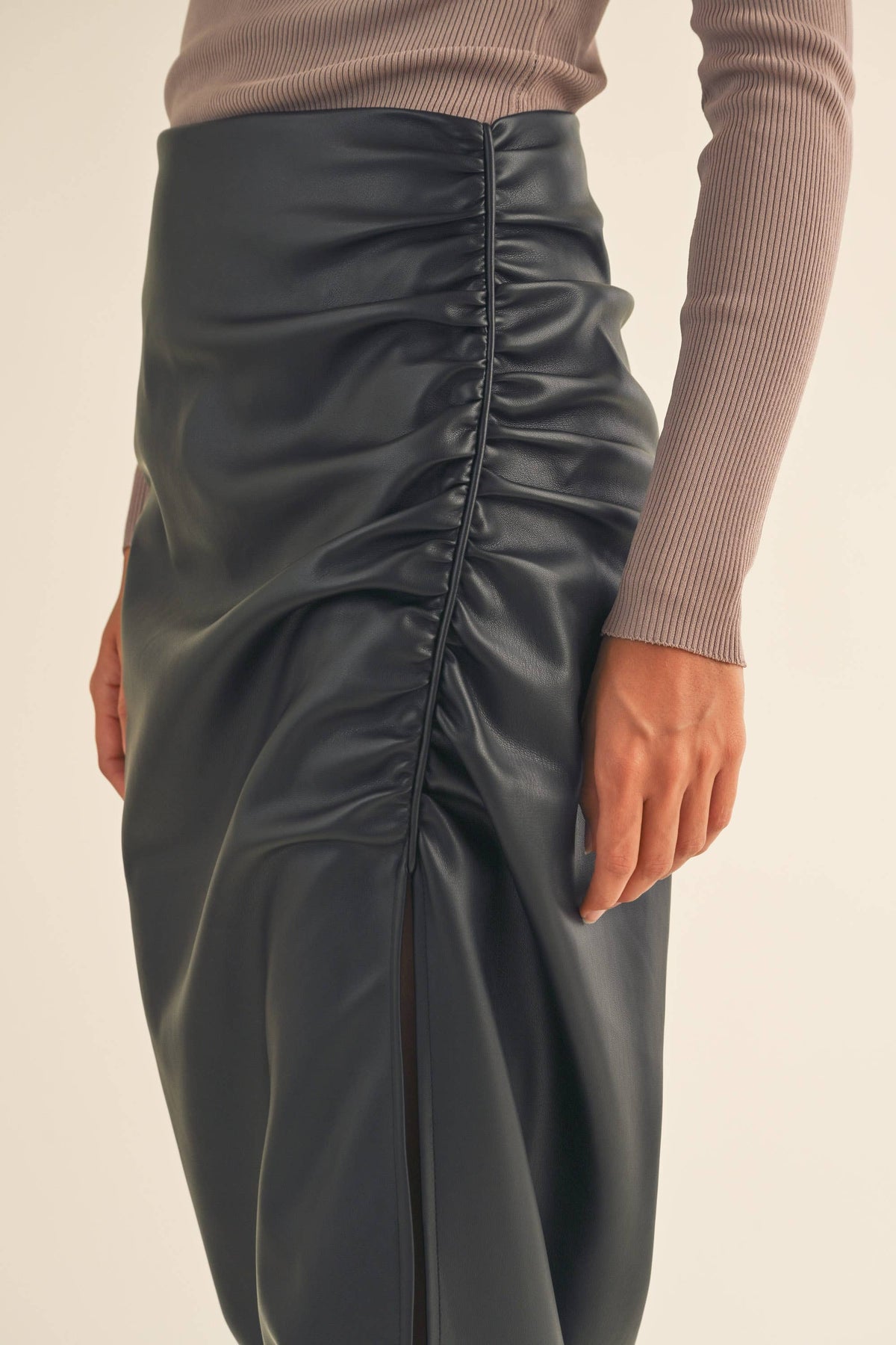 Side Ruched with Slit Front Faux Leather Skirt