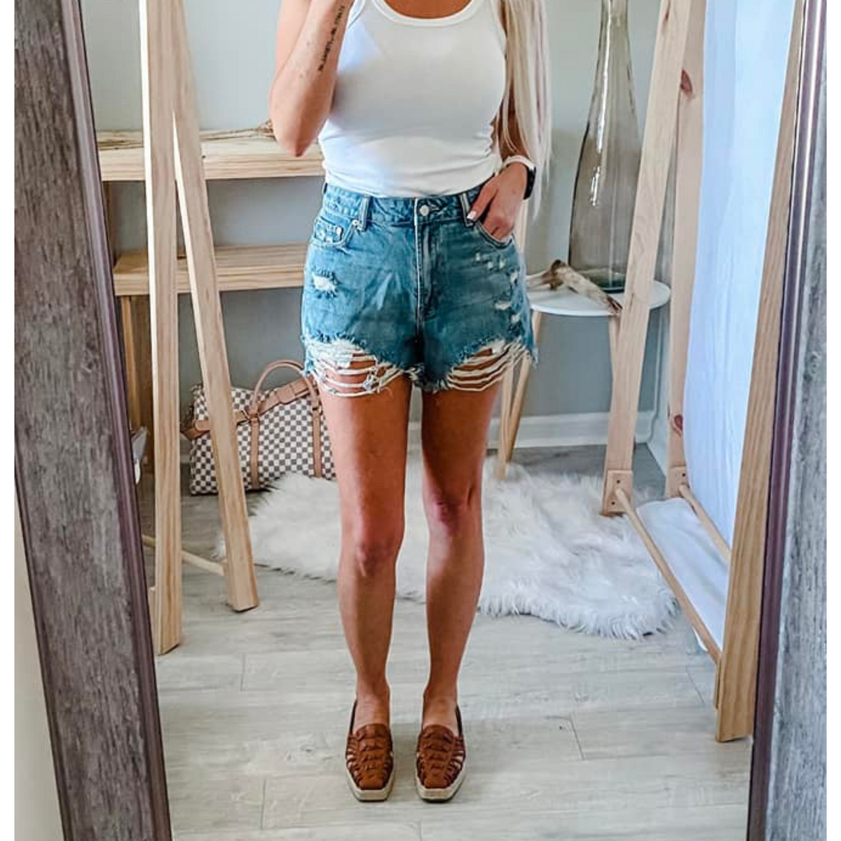 High Rise Frayed Denim Mom Shorts