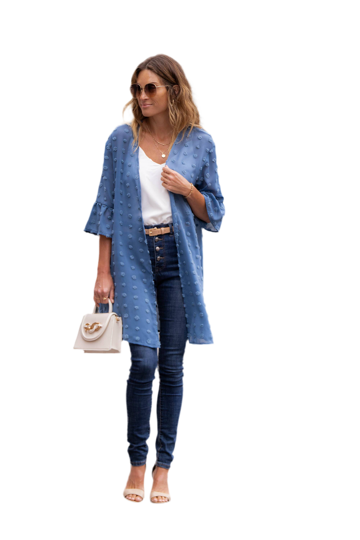 Sheer Dot Ruffle Sleeve Cardigan, Blue