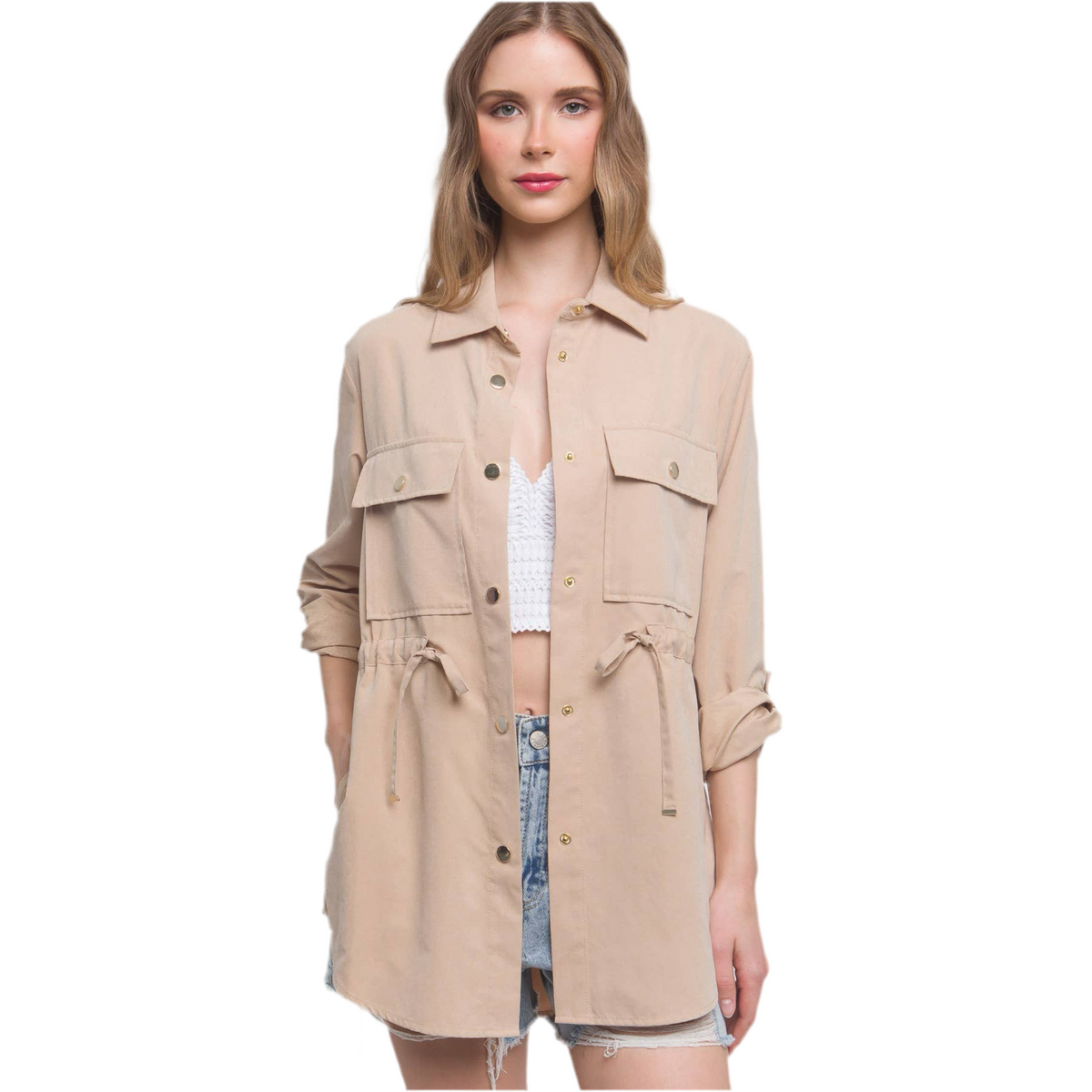 Prudence Long Sleeve Button Down Jacket in Khaki and Black