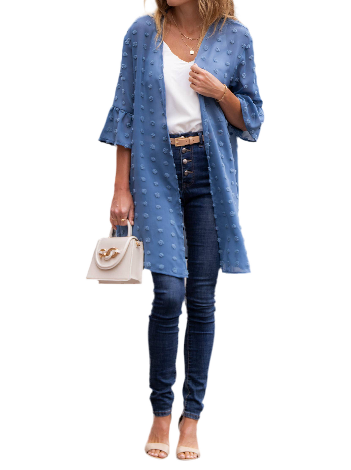 Sheer Dot Ruffle Sleeve Cardigan, Blue