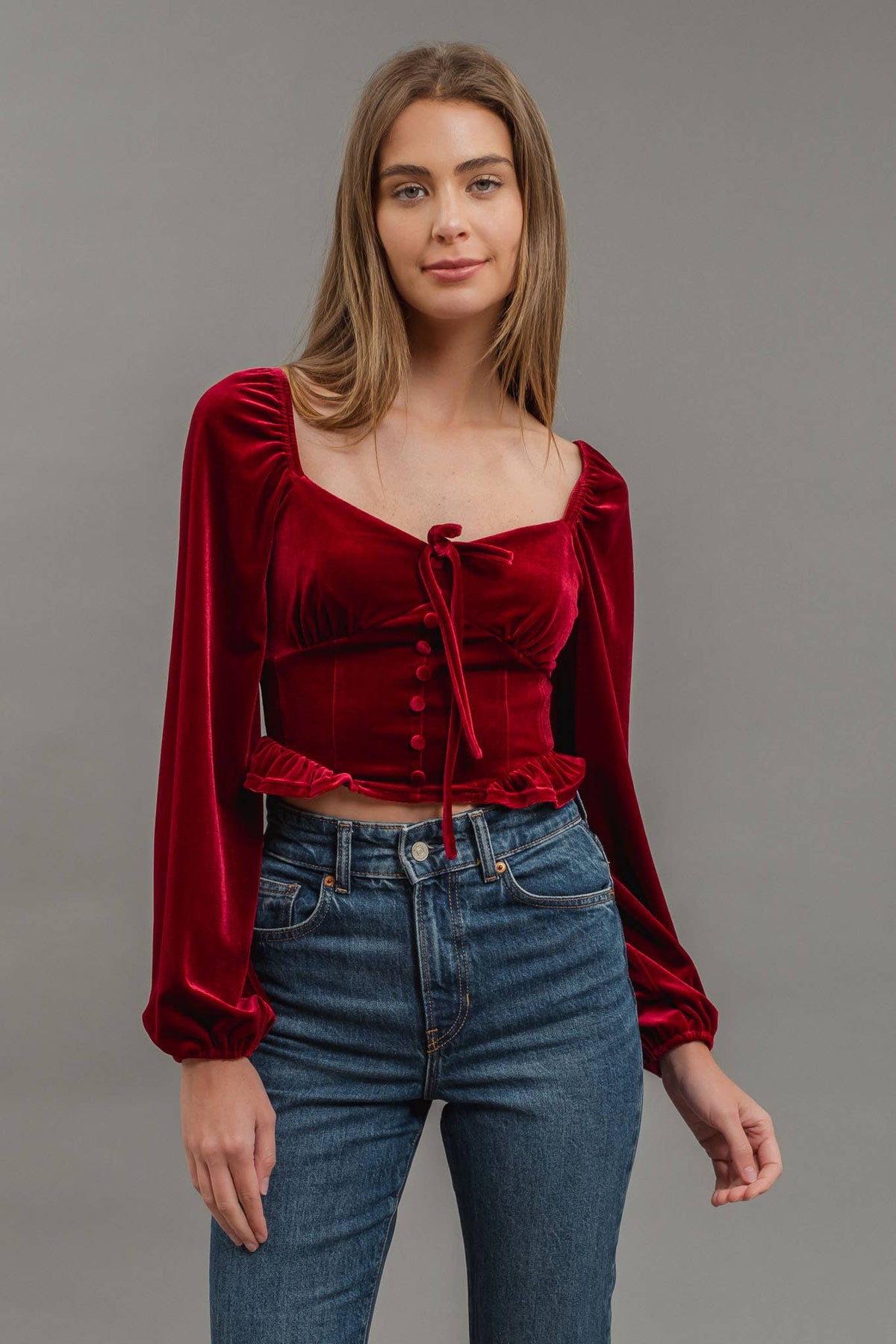 Blu Pepper - VELVET FRONT TIE BUTTON DOWN LONG SLEEVE CROP TOP: BLACK