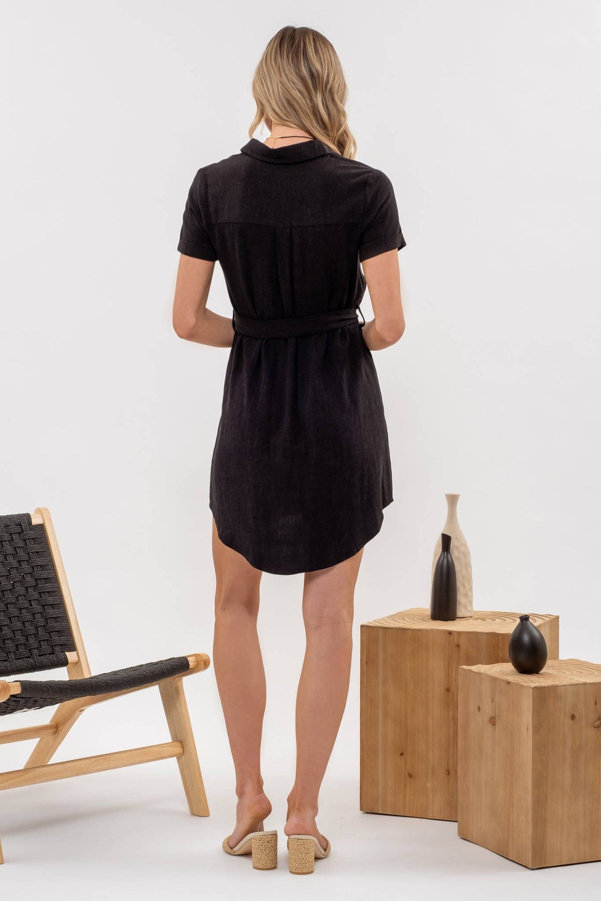 Layla Belted Linen Dress in Black