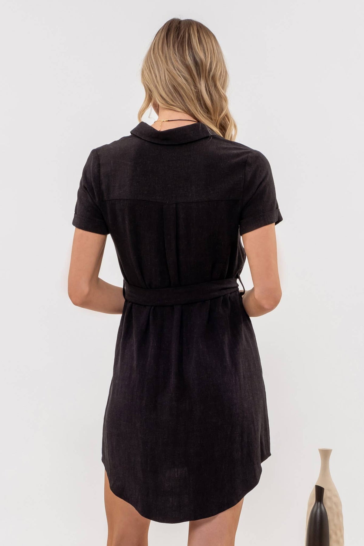 Layla Belted Linen Dress in Black