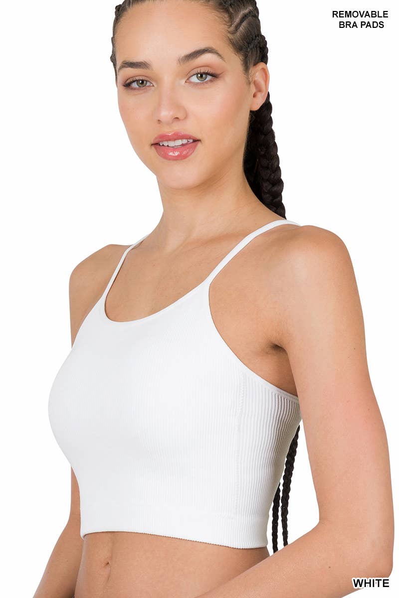 Jamey Ribbed Seamless Cropped Cami With Bra Pads in 3 Colors - Black, White, and Beige