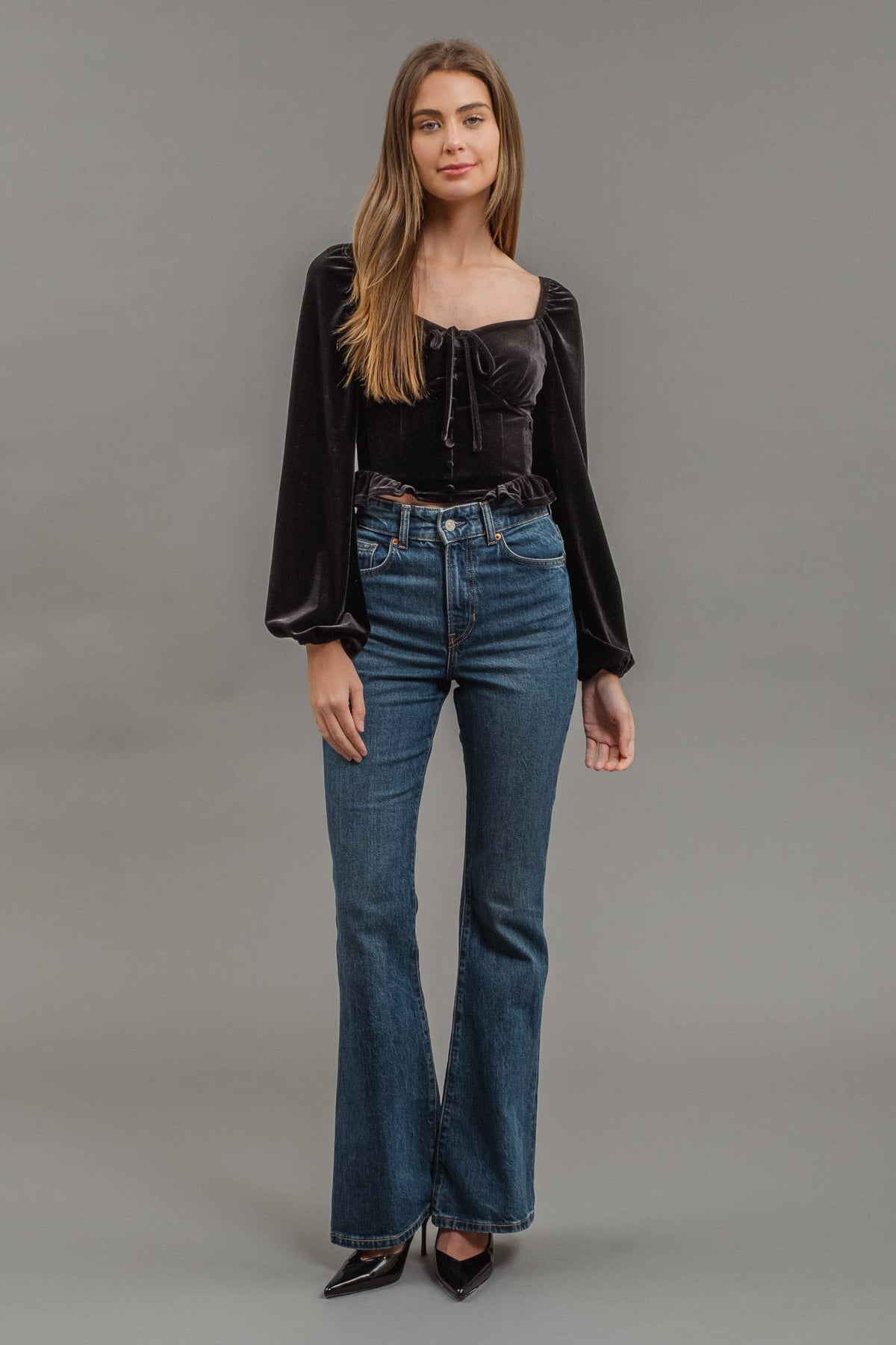 Blu Pepper - VELVET FRONT TIE BUTTON DOWN LONG SLEEVE CROP TOP: BLACK