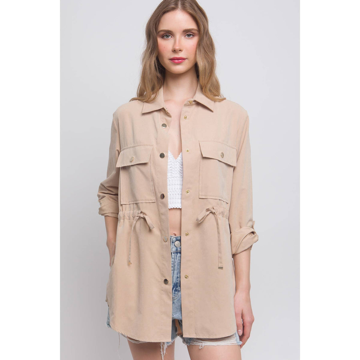 Prudence Long Sleeve Button Down Jacket in Khaki and Black