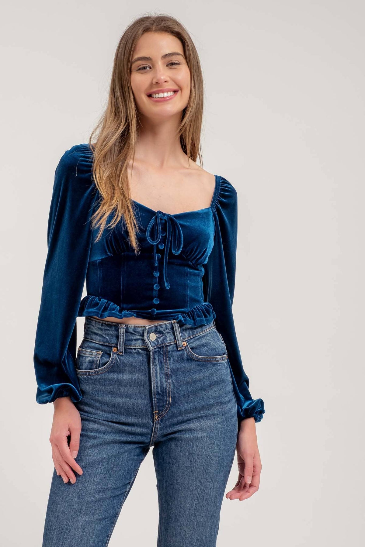 Blu Pepper - VELVET FRONT TIE BUTTON DOWN LONG SLEEVE CROP TOP: BLACK