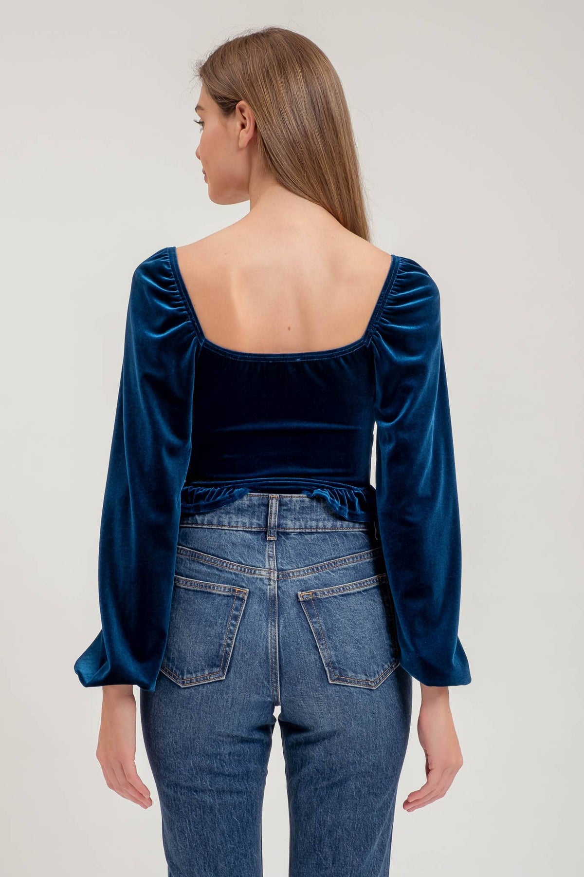 Blu Pepper - VELVET FRONT TIE BUTTON DOWN LONG SLEEVE CROP TOP: BLACK