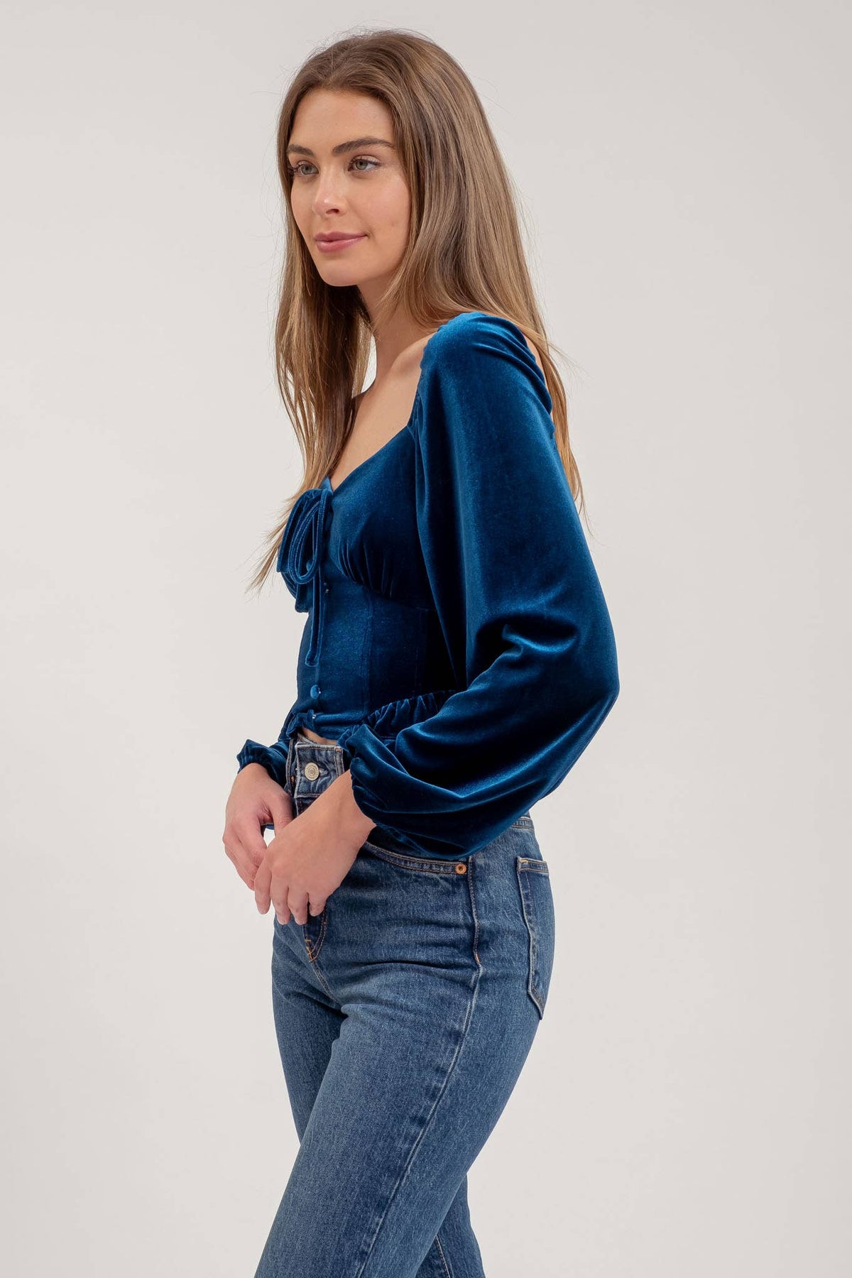 Blu Pepper - VELVET FRONT TIE BUTTON DOWN LONG SLEEVE CROP TOP: BLACK