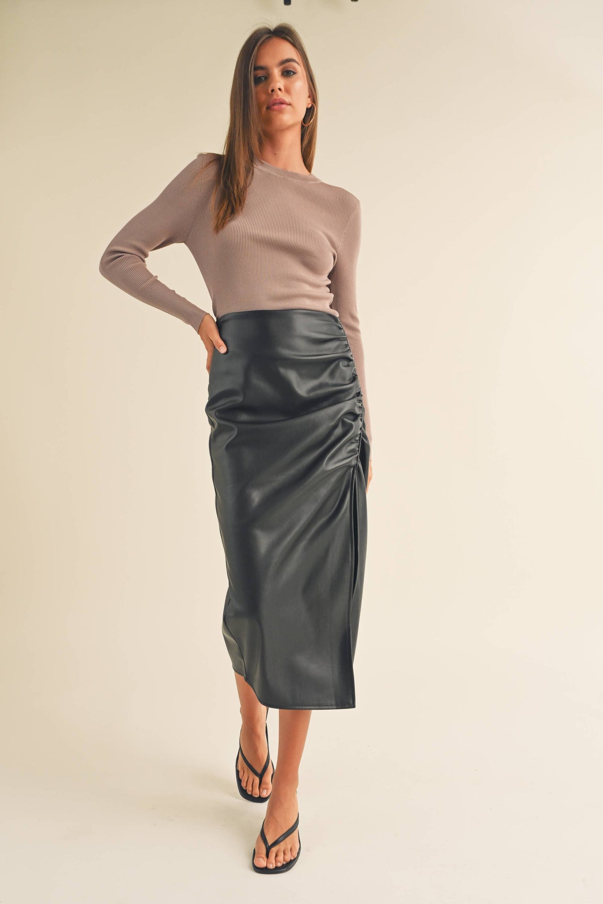 Side Ruched with Slit Front Faux Leather Skirt