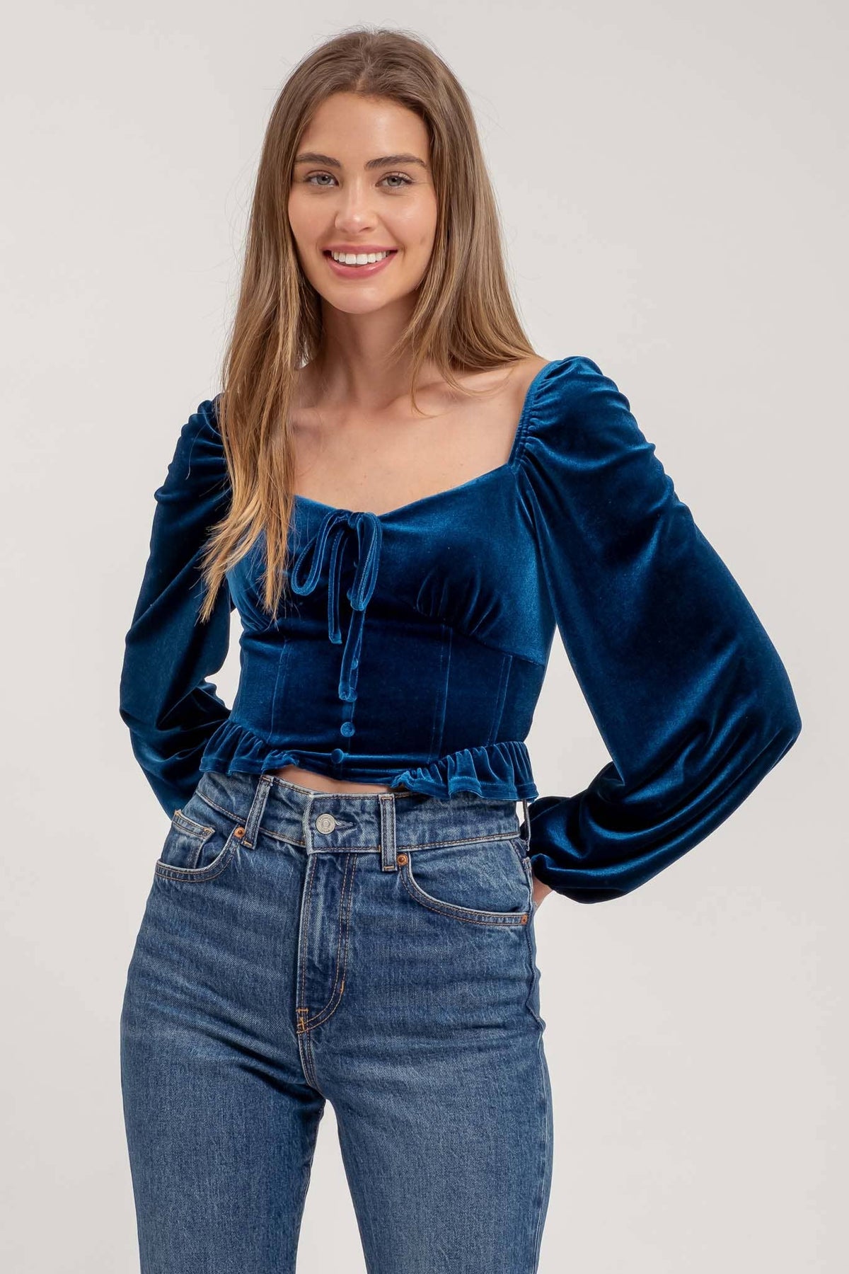 Blu Pepper - VELVET FRONT TIE BUTTON DOWN LONG SLEEVE CROP TOP: BLACK