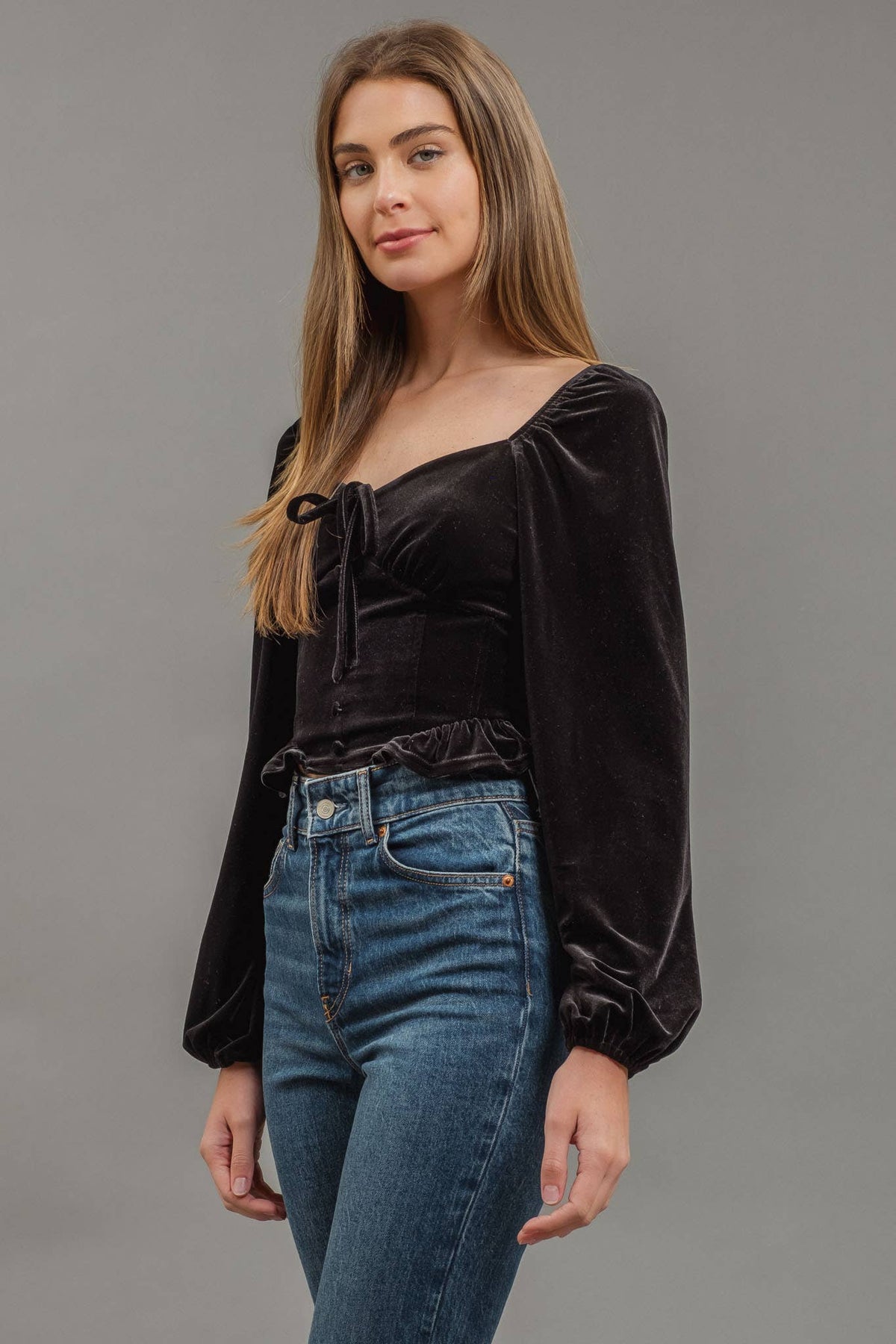 Blu Pepper - VELVET FRONT TIE BUTTON DOWN LONG SLEEVE CROP TOP: BLACK