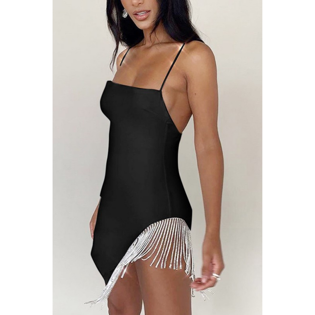 Suni Rhinestone Fringe Body Con Dress - Black