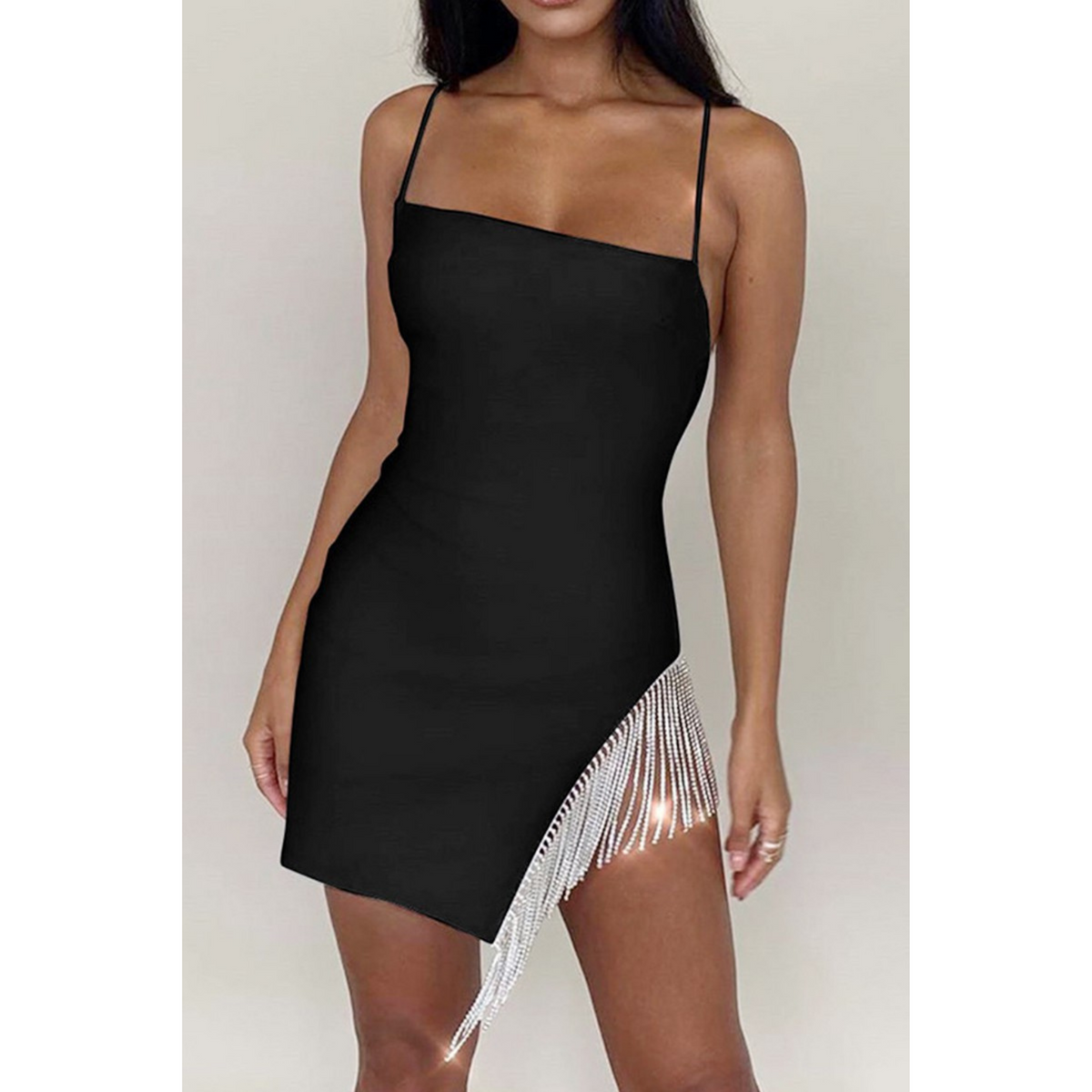 Suni Rhinestone Fringe Body Con Dress - Black