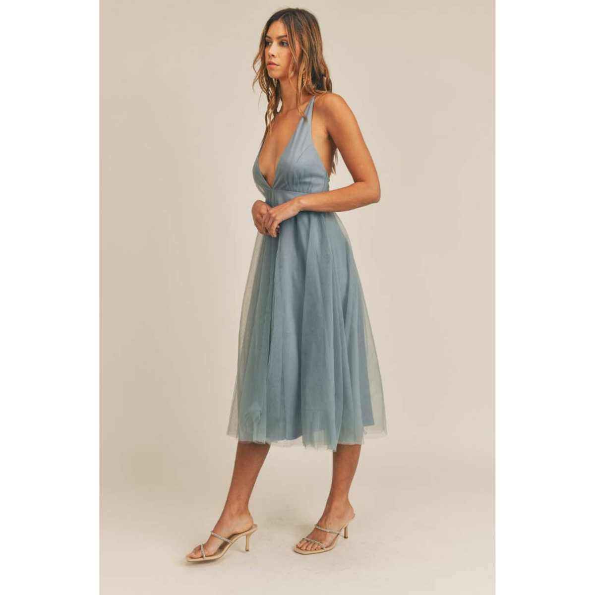 Deep V-Neck Tulle Midi Dress