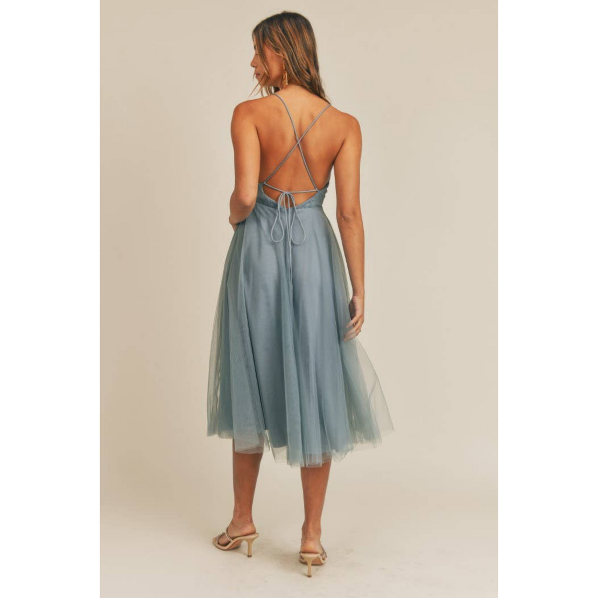 Deep V-Neck Tulle Midi Dress