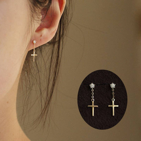 Dainty Cross Dangle Drop Earrings in 925 Sterling Silver